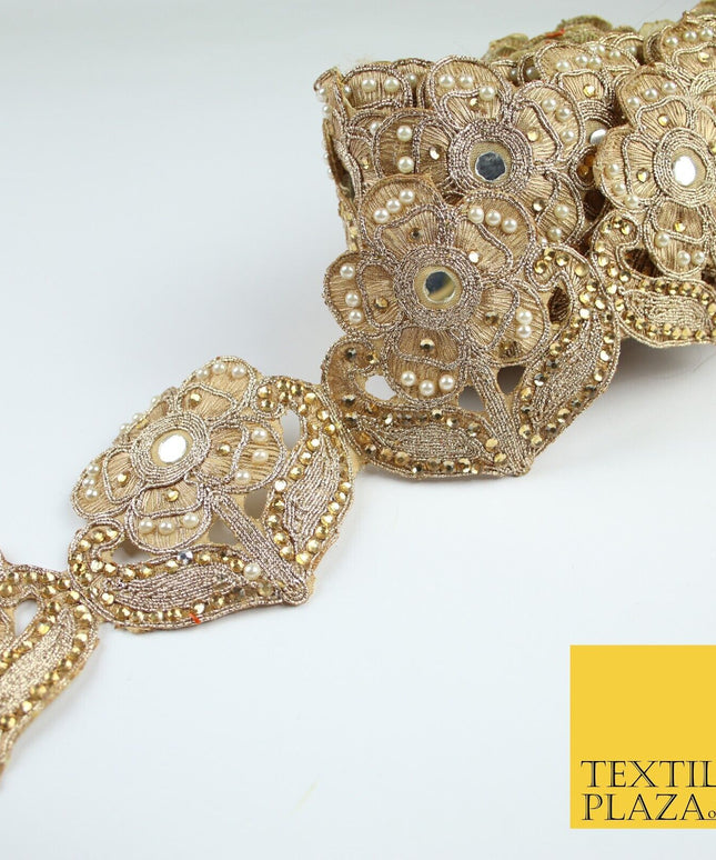 Luxury Gold Mirror Pearl Diamonte Stone Floral Motif Border Lace - 9cm Wide X679