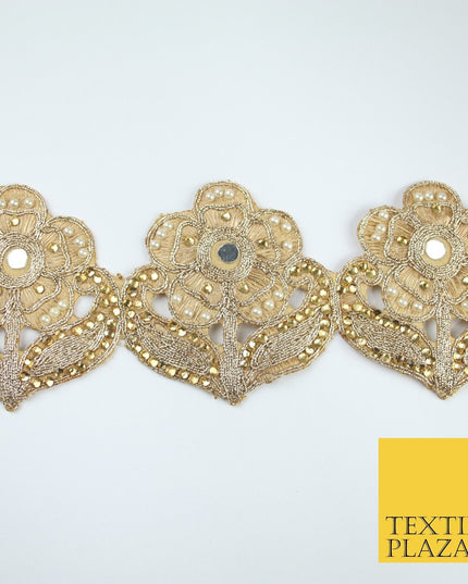 Luxury Gold Mirror Pearl Diamonte Stone Floral Motif Border Lace - 9cm Wide X679