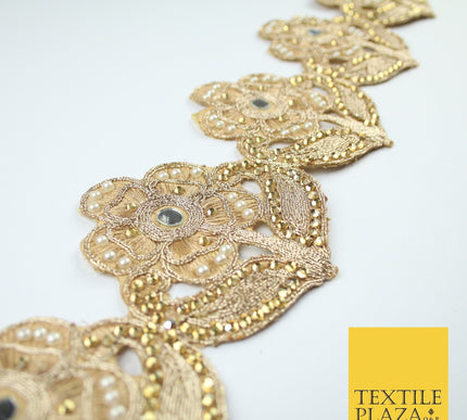 Luxury Gold Mirror Pearl Diamonte Stone Floral Motif Border Lace - 9cm Wide X679