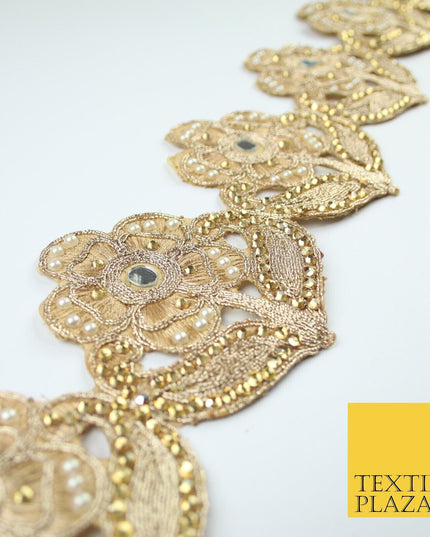 Luxury Gold Mirror Pearl Diamonte Stone Floral Motif Border Lace - 9cm Wide X679
