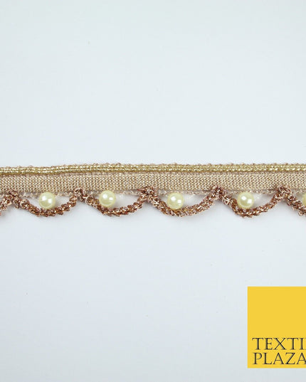 Gold  / Rose Pearl Rope Swag Metallic Ribbon Trim Border Lace - 2cm Wide - X668