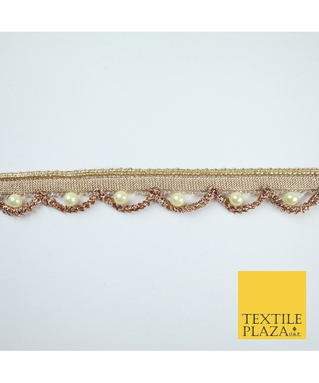 Gold  / Rose Pearl Rope Swag Metallic Ribbon Trim Border Lace - 2cm Wide - X668