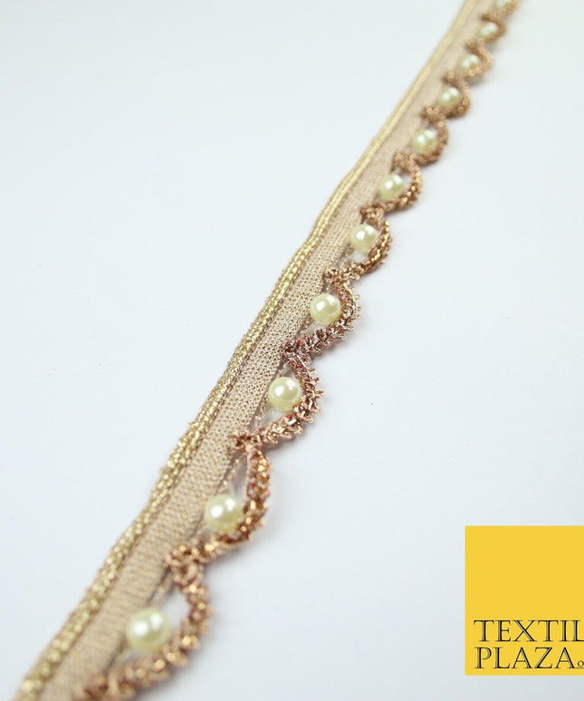 Gold  / Rose Pearl Rope Swag Metallic Ribbon Trim Border Lace - 2cm Wide - X668