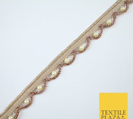Gold  / Rose Pearl Rope Swag Metallic Ribbon Trim Border Lace - 2cm Wide - X668