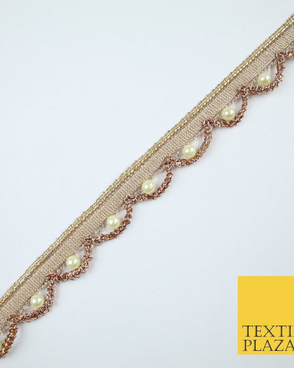 Gold  / Rose Pearl Rope Swag Metallic Ribbon Trim Border Lace - 2cm Wide - X668