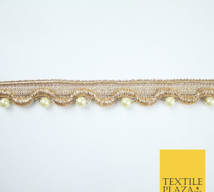 Gold Ivory Pearl Beaded Wave Swag Metallic Trim Border Lace - 2cm Wide - X667