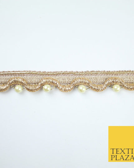 Gold Ivory Pearl Beaded Wave Swag Metallic Trim Border Lace - 2cm Wide - X667