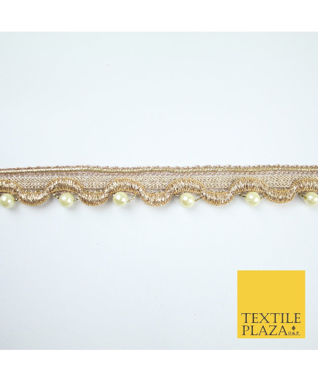 Gold Ivory Pearl Beaded Wave Swag Metallic Trim Border Lace - 2cm Wide - X667