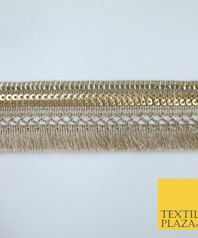 French Gold Multi Design Sequin Fringe Glitter Trim Border Lace - 4cm Wide X665