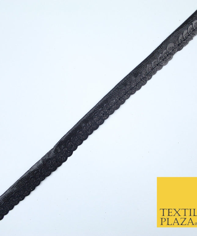 All Black Slim Dual Sequin Glitter Sparkly Trim Border Lace - 1.5cm Wide - X403