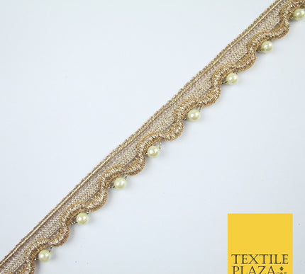 Gold Ivory Pearl Beaded Wave Swag Metallic Trim Border Lace - 2cm Wide - X667