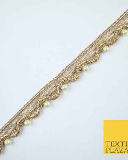 Gold Ivory Pearl Beaded Wave Swag Metallic Trim Border Lace - 2cm Wide - X667