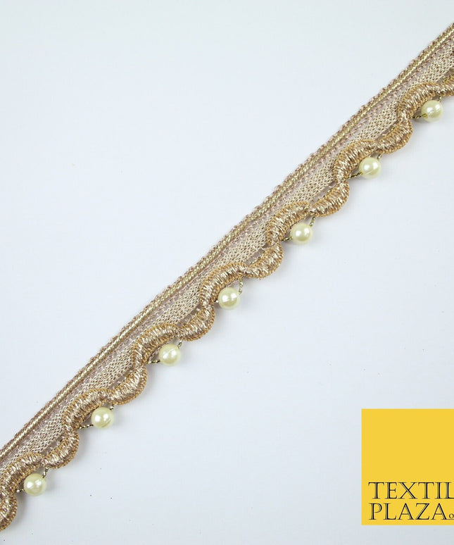 Gold Ivory Pearl Beaded Wave Swag Metallic Trim Border Lace - 2cm Wide - X667
