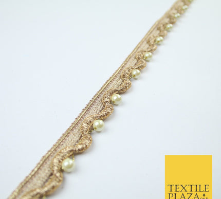 Gold Ivory Pearl Beaded Wave Swag Metallic Trim Border Lace - 2cm Wide - X667