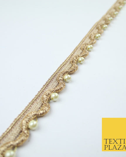 Gold Ivory Pearl Beaded Wave Swag Metallic Trim Border Lace - 2cm Wide - X667