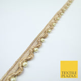 Gold Ivory Pearl Beaded Wave Swag Metallic Trim Border Lace - 2cm Wide - X667