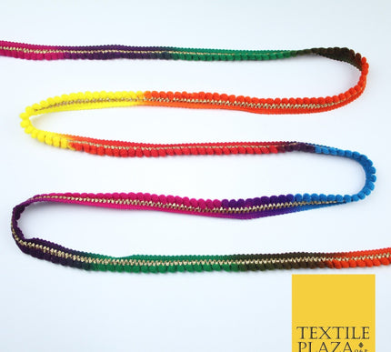 Multicolour Rainbow Shaded Pom Pom Dyed Glitter ZigZag Trim Border Lace X379