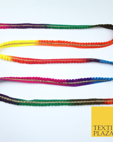 Multicolour Rainbow Shaded Pom Pom Dyed Glitter ZigZag Trim Border Lace X379