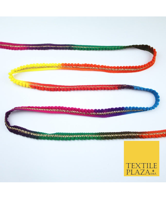 Multicolour Rainbow Shaded Pom Pom Dyed Glitter ZigZag Trim Border Lace X379