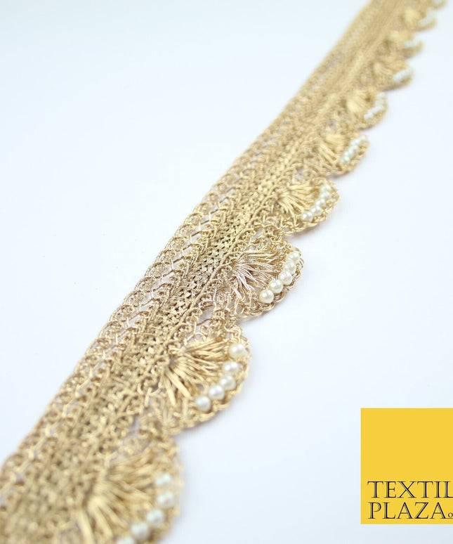 4 COLOURS - Ornate Metallic Pearl Swag Scalloped Trim Border Lace - 4cm Wide