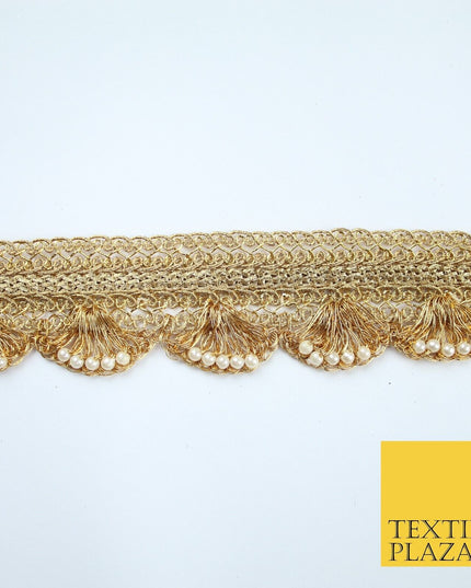 4 COLOURS - Ornate Metallic Pearl Swag Scalloped Trim Border Lace - 4cm Wide