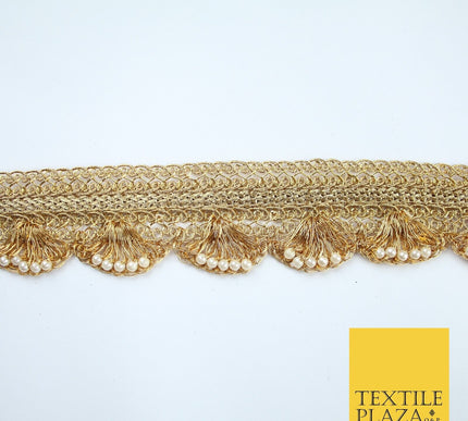 4 COLOURS - Ornate Metallic Pearl Swag Scalloped Trim Border Lace - 4cm Wide