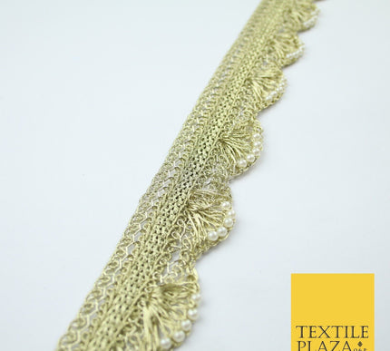 4 COLOURS - Ornate Metallic Pearl Swag Scalloped Trim Border Lace - 4cm Wide