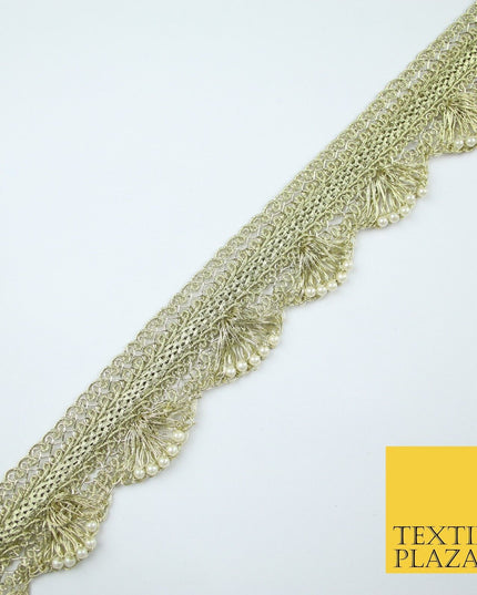 4 COLOURS - Ornate Metallic Pearl Swag Scalloped Trim Border Lace - 4cm Wide