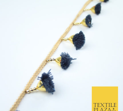 NAVY BLUE Pom Pom Tassels Woven Gold Trim Ribbon Border Lace Ethnic X252