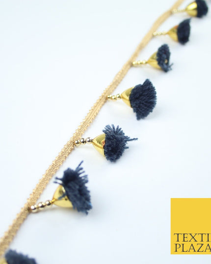 NAVY BLUE Pom Pom Tassels Woven Gold Trim Ribbon Border Lace Ethnic X252