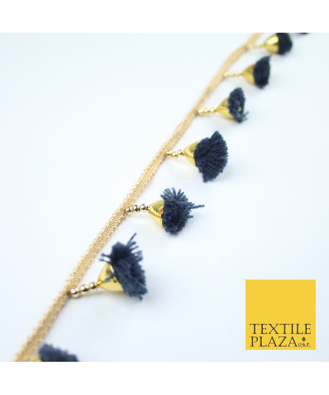 NAVY BLUE Pom Pom Tassels Woven Gold Trim Ribbon Border Lace Ethnic X252