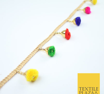 MULTICOLOUR Pom Pom Tassels Woven Gold Trim Ribbon Border Lace Ethnic X252