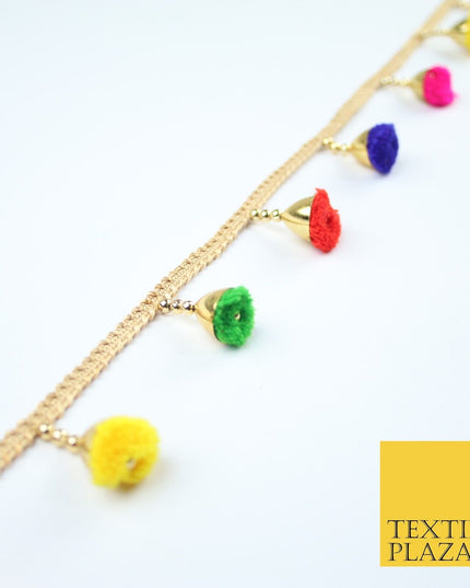MULTICOLOUR Pom Pom Tassels Woven Gold Trim Ribbon Border Lace Ethnic X252