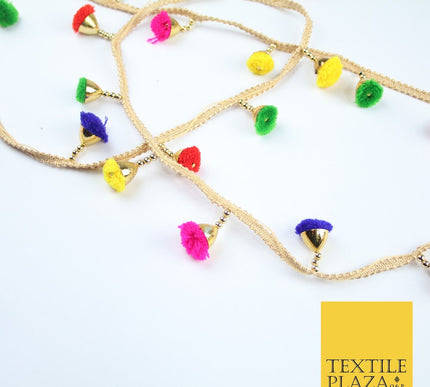MULTICOLOUR Pom Pom Tassels Woven Gold Trim Ribbon Border Lace Ethnic X252