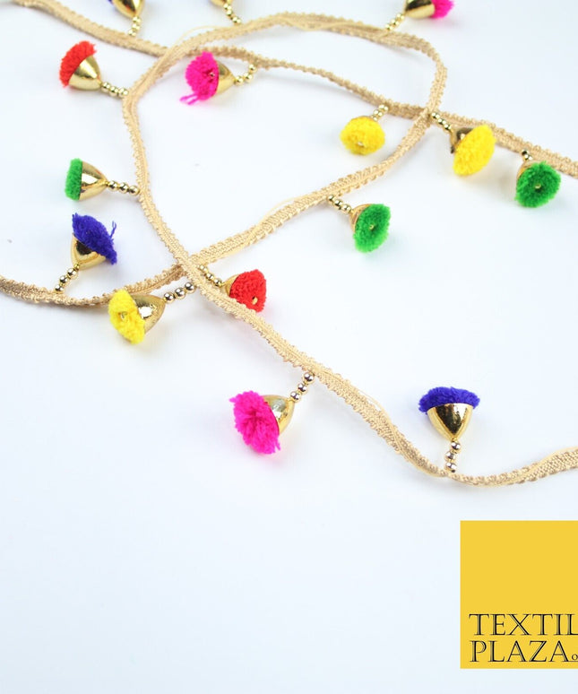 MULTICOLOUR Pom Pom Tassels Woven Gold Trim Ribbon Border Lace Ethnic X252