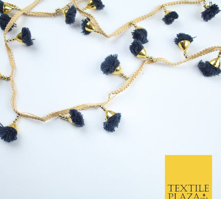 NAVY BLUE Pom Pom Tassels Woven Gold Trim Ribbon Border Lace Ethnic X252