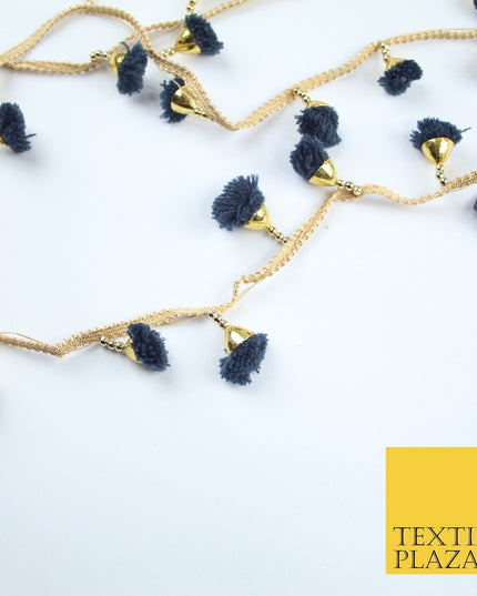 NAVY BLUE Pom Pom Tassels Woven Gold Trim Ribbon Border Lace Ethnic X252