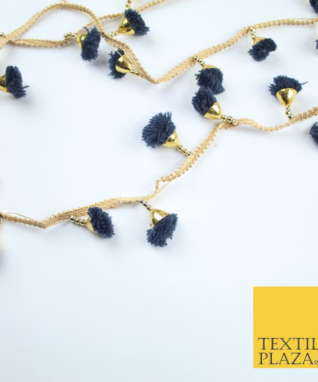 NAVY BLUE Pom Pom Tassels Woven Gold Trim Ribbon Border Lace Ethnic X252