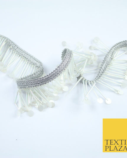 SILVER PEARL WHITE Sequin Glass Tube Fringe Tassel Trim Ribbon Border Lace X127
