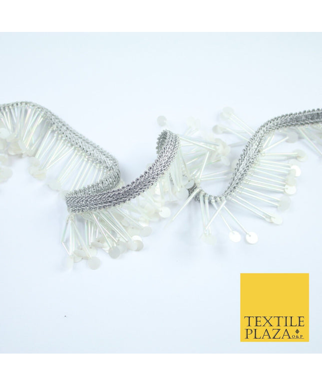 SILVER PEARL WHITE Sequin Glass Tube Fringe Tassel Trim Ribbon Border Lace X127