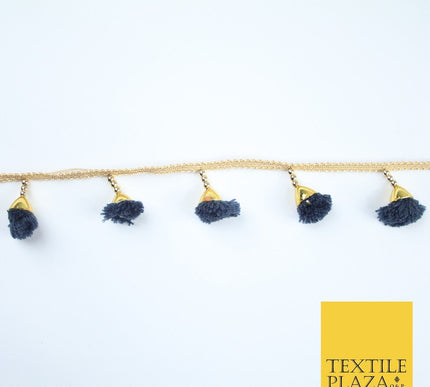 NAVY BLUE Pom Pom Tassels Woven Gold Trim Ribbon Border Lace Ethnic X252