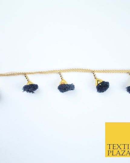 NAVY BLUE Pom Pom Tassels Woven Gold Trim Ribbon Border Lace Ethnic X252