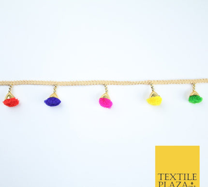 MULTICOLOUR Pom Pom Tassels Woven Gold Trim Ribbon Border Lace Ethnic X252