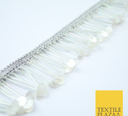 SILVER PEARL WHITE Sequin Glass Tube Fringe Tassel Trim Ribbon Border Lace X127