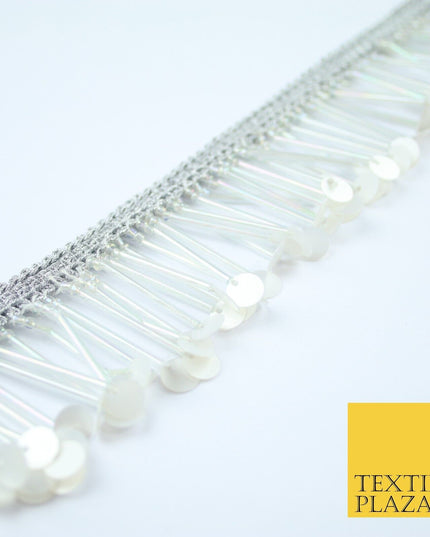 SILVER PEARL WHITE Sequin Glass Tube Fringe Tassel Trim Ribbon Border Lace X127