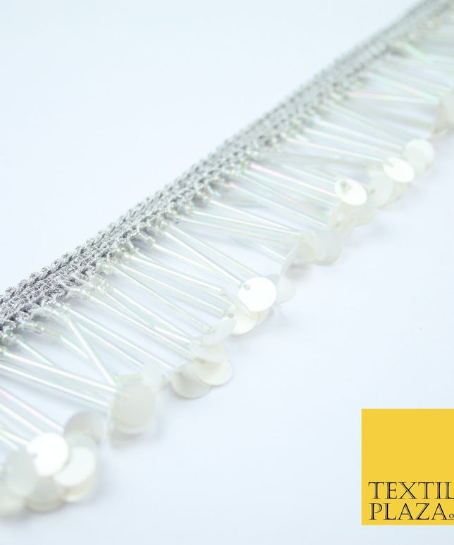 SILVER PEARL WHITE Sequin Glass Tube Fringe Tassel Trim Ribbon Border Lace X127