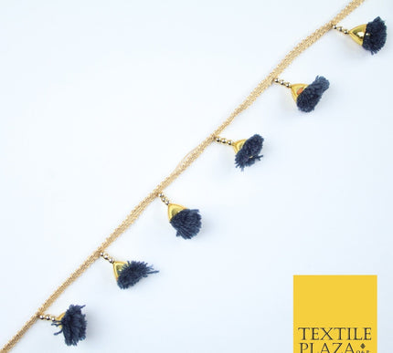 NAVY BLUE Pom Pom Tassels Woven Gold Trim Ribbon Border Lace Ethnic X252
