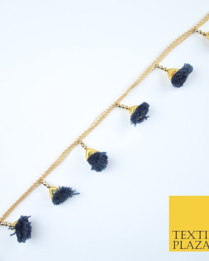NAVY BLUE Pom Pom Tassels Woven Gold Trim Ribbon Border Lace Ethnic X252