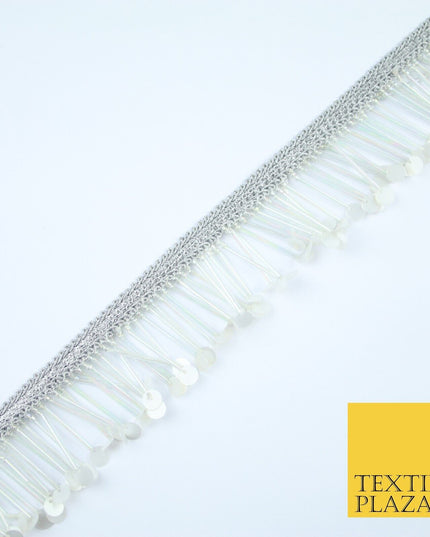 SILVER PEARL WHITE Sequin Glass Tube Fringe Tassel Trim Ribbon Border Lace X127