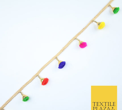 MULTICOLOUR Pom Pom Tassels Woven Gold Trim Ribbon Border Lace Ethnic X252